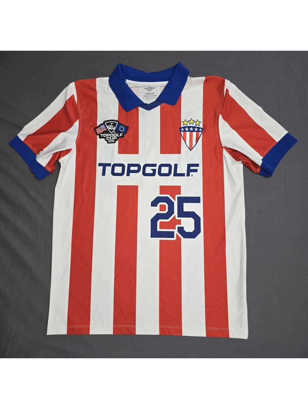 Topgolf Cup 2025 Jersey Polo Shirt Striped Red White Blue Sz M USA